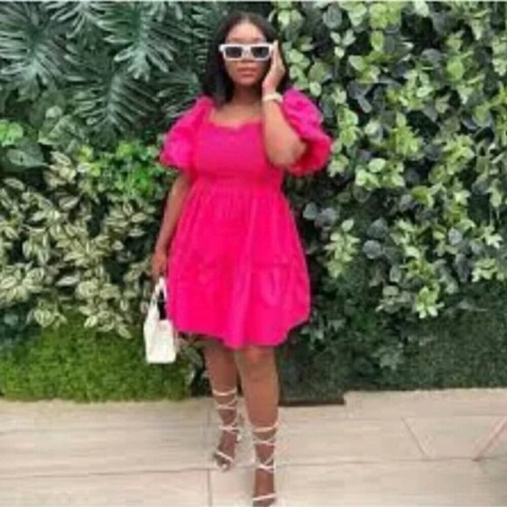 Avec Les Filles Puff Sleeve Poplin Tiered Dress Pink Size XS